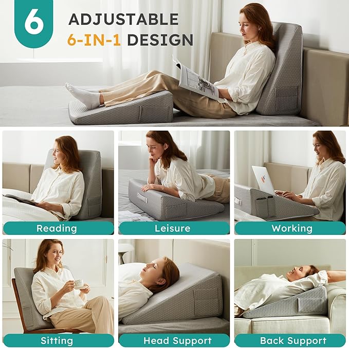 Bedluxe Wedge Pillow,8 inch Bed Wedge Pillow for Headboard, Pillow Wedge for Acid Reflux Relief, Sleeping, After Surgery, Snoring, Gerd, Triangle Pillow Wedge - Cooling Memory Foam Top, Grey