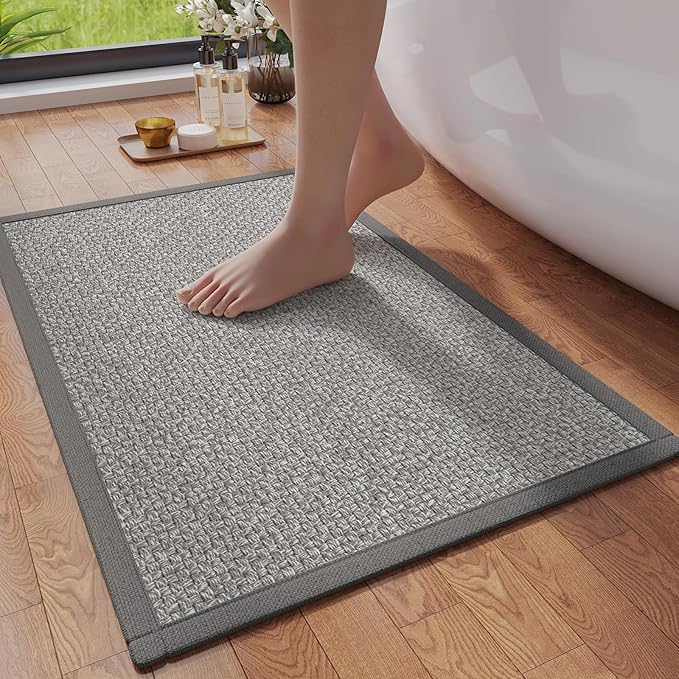 YDKGL Non Slip Ultra Thin Bathroom Rugs 24x35, Bath Mat Quick Dry Absorbent Bathroom Floor Mat Rubber Backed Fit Under Door, Woven Washable Bath Rugs, Grey