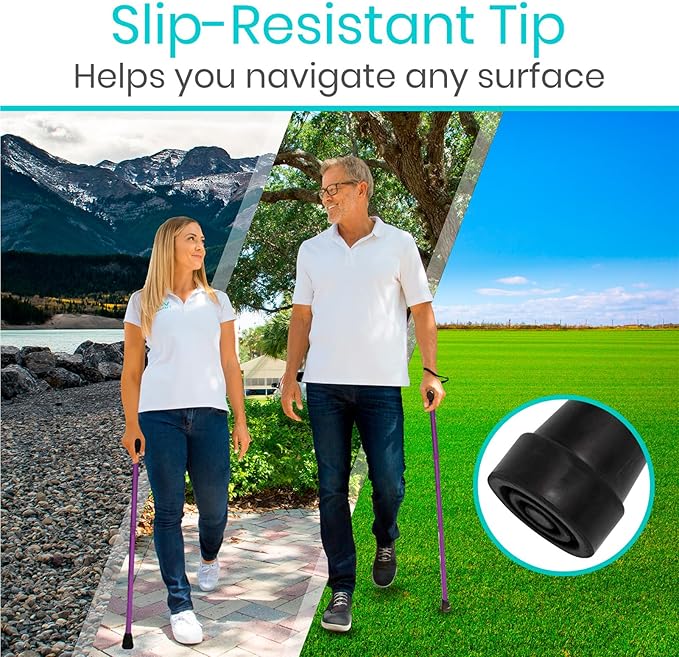 Vive Folding Cane - Foldable Walking Cane for Men, Women - Fold-up, Collapsible, Lightweight, Adjustable, Portable Hand Walking Stick - Balancing Mobility Aid - Sleek, Comfortable T Handles (Purple)