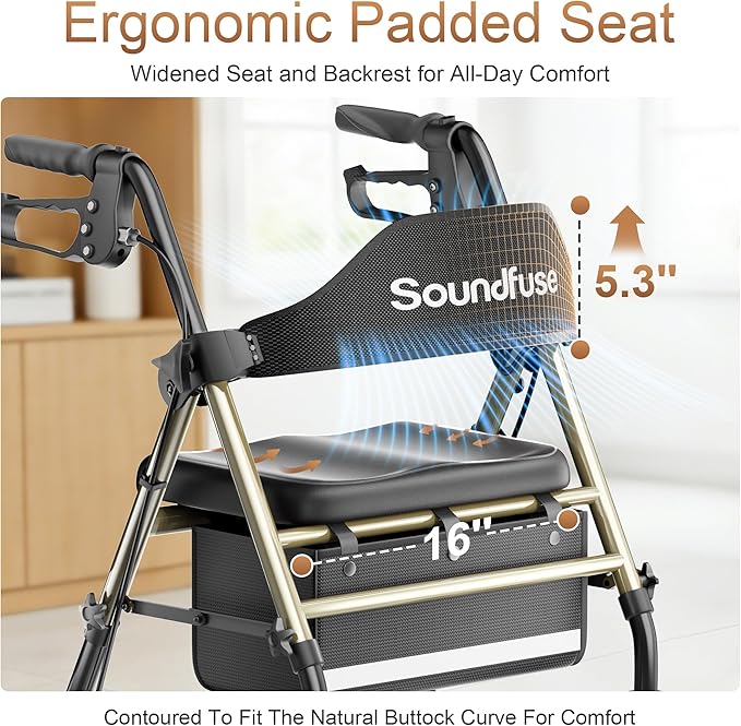 SOUNDFUSE Walkers for Seniors, Rollator Walker with Seat, 8" All Terrain Wheels, Double Support Bar, 16" Ergonomic Arc Seat and Comfortable Backrest, Dual Height Adjustable and Foldable Design