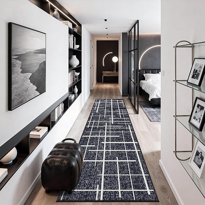 Modern Kitchen Runner Rug Non Slip 2.6x8, Washable Distressed Stripe, Hallway Runner, Woven Thin Low Pile Carpet Runners for Hallway 8ft Entryway, Kitchen, Walkway- Midnight Black