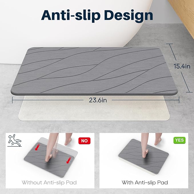Closefriend Diatomite Stone Bath Mat - Fast Drying Bathroom Stone.Absorbent Quick Dry Diatomaceous Earth Bath MatNonslip (Dark Grey 2Pack)