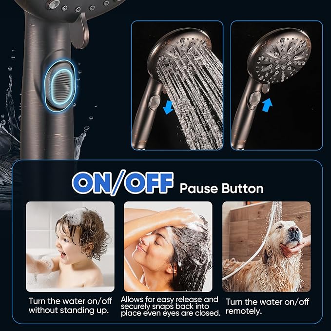 Cobbe High Pressure Shower Head with Built-in Pause Button, 9-Function Detachable Showerhead with Handheld Brass Swivel Bracket & Stainless Steel Hose, Water Saving 1-Click Stop, Oil Rubbed Bronze