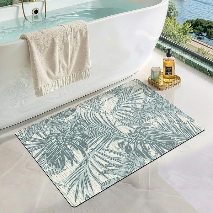 LUMI Ultra Thin Bath Mat, Super Absorbent Quick Dry Bathroom Rugs, Non-Slip Bathroom Mats, Marble Bathmats Fit Under Door, Bathtub, Sink, Shower Room, 24"x36", Teal Blue Leaf