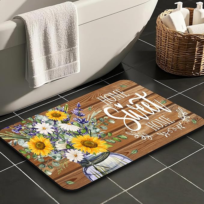 Quick Dry Bath Mat for Bathroom,Super Absorbent Sunflower Welcome Bath Rug Non-Slip Rubber,Machine Washable Bathroom Floor Mat for Shower, Tub, Sink Area Sweet Home Wooden 16x24