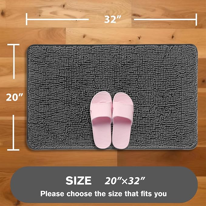 Gray Bathroom Rugs – Absorbent and Washable Bath Mat, Non-Slip, Thick Soft Chenille Bath Rugs for Bathroom Floor, Shower, Sink - 20" x 32"