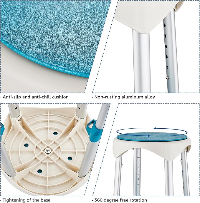 Shower Stool Chair for Inside Shower, Small Corner Plastic Stool for Shower 300 Lb,360° Swivel Bath Shower Seat for Seniors Adults Sitting, Adjustable Bathtub Stool with Storage Tray