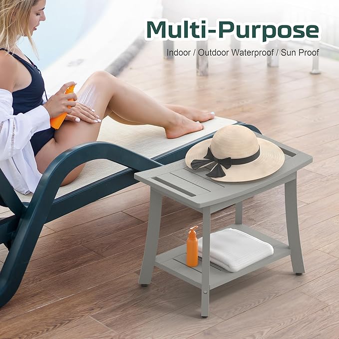 Waterproof Shower Benches for Inside Shower, Poly Lumber Shower Stool with Storage Shelf & Adjustable Feet, SPA Bathroom Seat Chair for Shaving Legs, Indoor or Outdoor Use, Grey