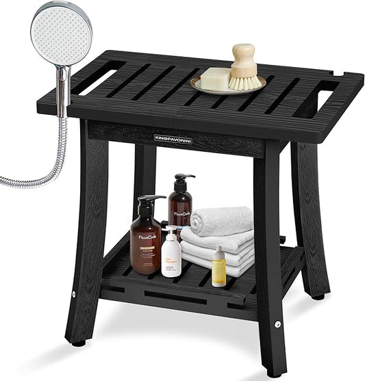 KingPavonini HDPS Shower Stool, Waterproof Shower Benches for Inside Shower to Sit on, Heavy Duty 400LBS Shower Seat with Storage Shelf, Shower Chair for Shaving Legs