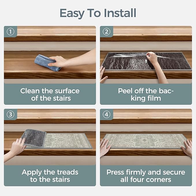 sarben Non Slip Stair Treads for Wooden Steps 15PCS - 8"x30" Indoor Safety Carpet, Edging Mats with TPE Adhesive Backing, Pet and Elderly Friendly Stair Rugs (Sage&Green)
