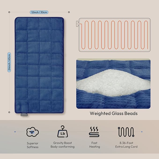 GOTCOZY Weighted Heating Pad 12"X24" - Electric Heat Pad for Back Neck Shoulder Pain Relief,6 Heat Settings,3H Auto Shut Off, Birthday Gifts for Women Men, Dad, Mom (Navy Blue)