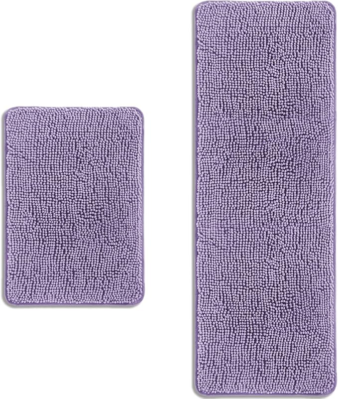 Bathroom Rugs Sets 2 Piece – Absorbent and Washable Bath Mat, Non-Slip, Thick Soft Chenille Bath Rugs for Bathroom Floor, Shower, Sink(17" x 24"+17" x 47", Lavender)