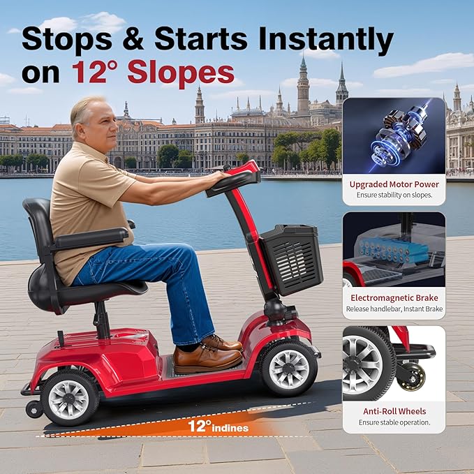 Mobility Scooter for Seniors, Red,420 lbs Capacity -12.4 Miles Range 4 Wheel Electric Scooter with Seat, 20° Hill Climb, 300W Motor, Easy to Operate and Foldable