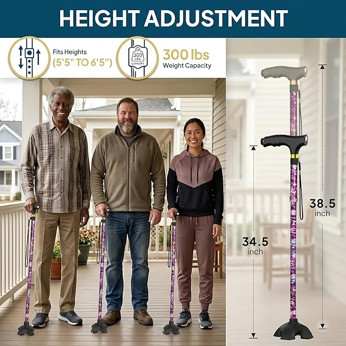 Walking Cane with LED Light, Foldable,Adjustable, Self Standing Walking Canes for Men & Women,Walking Sticks with Quad Base for Seniors & Adults