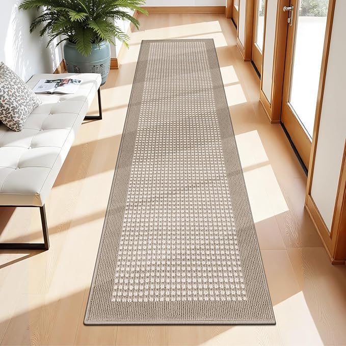 Ileading Hallway Runner Rug 2'x10' Heavy-Duty Durable Entryway Floor Mat with Non Slip Rubber Backing for Busy Traffic Extended Indoor Doormat Machine Washable Beige Kitchen Throw Rug for Corridor