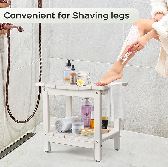 LyriFine Shower Chair for Inside Shower, 18.5 Inch HDPE Waterproof Shower Stool, Shower Chair with Shower Head Holder, 350LBS Sturdy Shower Bench for Elderly Seniors Shaving Legs, White