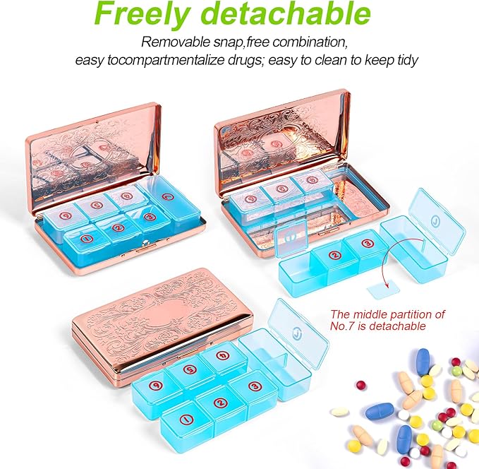 Pill Organizer with 3 Compartments 7 Day Metal Pill Box for Fish Oil/Food Supplements Travel Pill Box. (Rectangle-Pink, Large Rectangle)