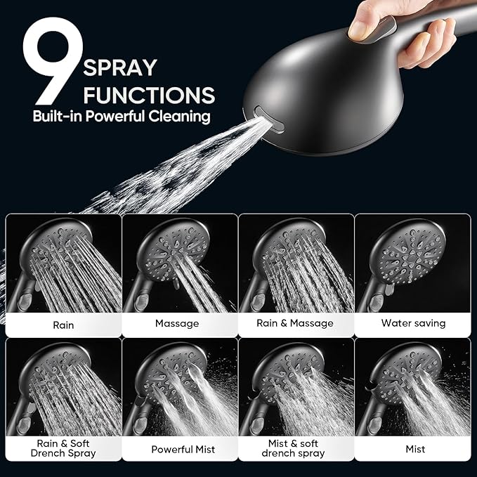 Cobbe 9-Function Shower Head with Built-in Power Spray, 1.8 GPM Water Saving ON/OFF Toggle Switch, High Pressure Handheld Showerhead with 1-Click Pause Button, Brass Bracket & 6ft Hose, Black