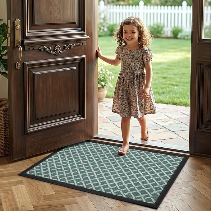 LUMI Front Door Mat 17x30, Low-Profile Non-Slip Welcome Mat for Indoor Outdoor, Stain & Fade Resistant Geometric Door Mat for Entryway Patio Porch, Grid-Teal