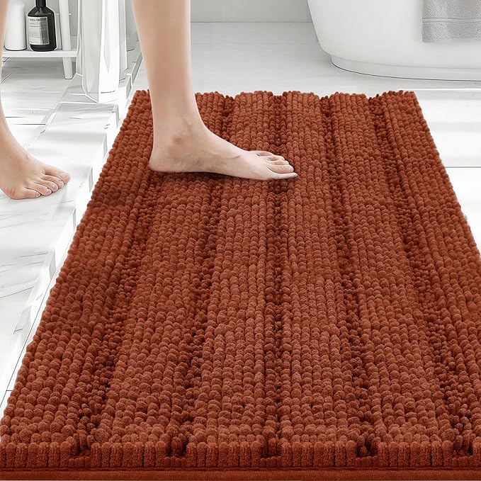 Bcoimo 30"×20" Chenille Bath Mat – Non-Slip with Backing Bath Rug Ultra-Absorbent and Machine Washable Bathroom Mat Quick-Dry Design. Ideal for Bathroom and Tub Areas