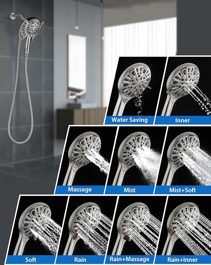 INAVAMZ 2-in-1 Shower Head with Handheld Combo: Rainfall Shower Head & Detachable Shower Head Use Together or Alone, 9 Spray Settings Showerhead with Hose Nickel, Shower Trim Systems