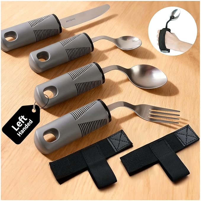 Adaptive Utensils Set, 4-Piece Weighted Utensils with 2 Elastic Strap for Parkinson’s, Arthritis and Hand Tremors, Non-Slip Handles for Easy Grip & Independence, Left Handed