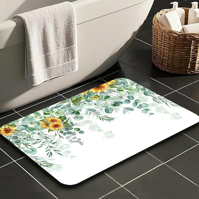 Quick Dry Bath Mat for Bathroom,Super Absorbent Green Eucalyptus Leaves Bath Rug Non-Slip Rubber Backing,Machine Washable Bathroom Floor Mat for Shower, Tub, Sink Area Sunflower Watercolor 30x20