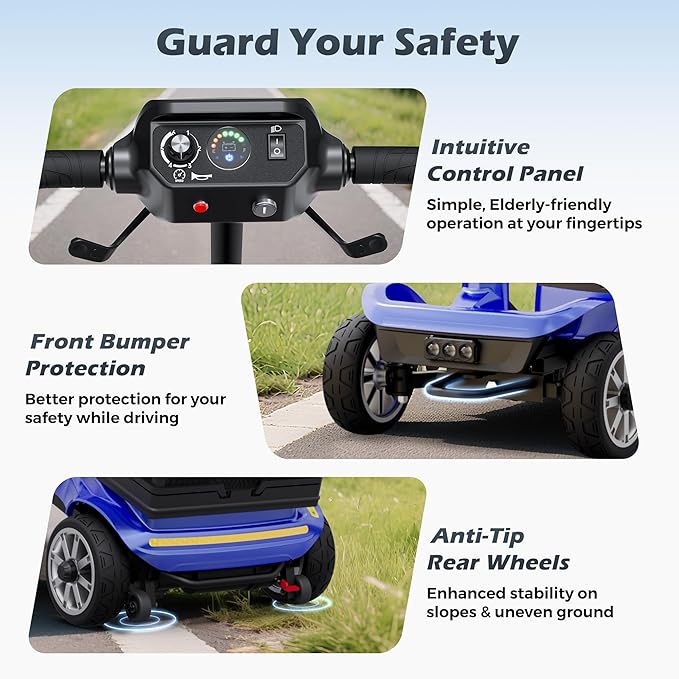Foldable 4-Wheel Mobility Scooter for Adults – Portable Motorized Scooter with 330 lbs Capacity, Detachable Battery, Dual Baskets, Cup & Phone Holder, Blue