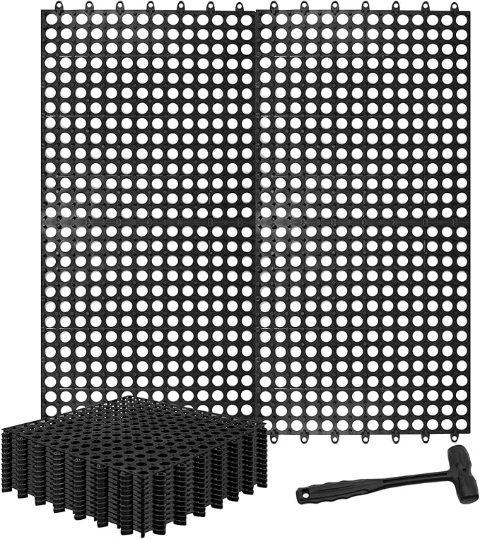 Interlocking Floor Tiles 12x12 Inch, 12 Pack Soft PVC Non-Slip Drainage Tiles with Holes for Bathroom, Pool Deck, Gym, Garage, Kitchen & Wet Areas, Easy Splicing Anti-Fatigue Mat, Black (12 Pack)