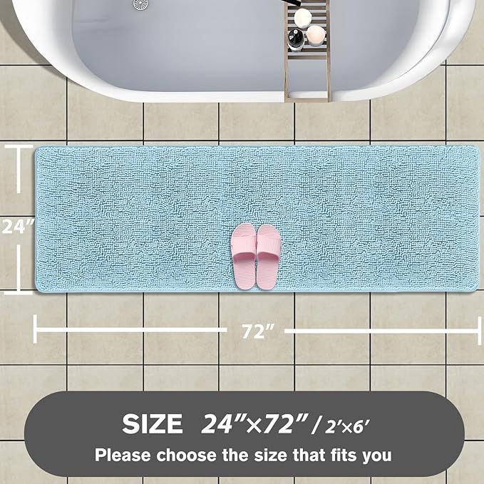 Bathroom Runner Rug 24 x 72 Non Slip – Extra Long Bath Mat | Absorbent and Washable Thick Chenille Runner Rug for Bathroom, Shower, Tub, Sink(Light Blue)