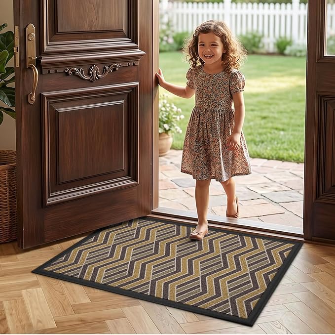 LUMI Front Door Mat 17x30, Low-Profile Non-Slip Welcome Mat for Indoor Outdoor, Stain & Fade Resistant Geometric Door Mat for Entryway Patio Porch, Zig-Amber