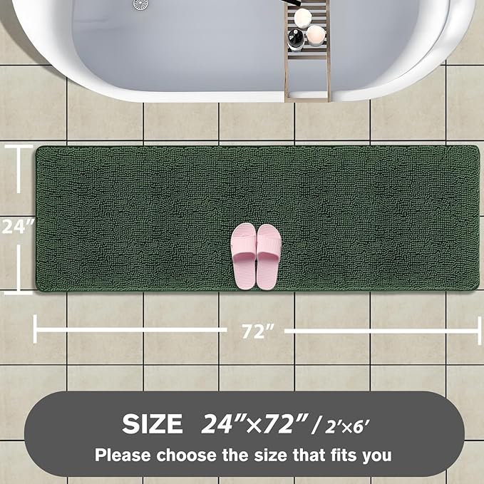 Bathroom Runner Rug 24 x 72 Non Slip – Extra Long Bath Mat | Absorbent and Washable Thick Chenille Runner Rug for Bathroom, Shower, Tub, Sink(Dark Green)