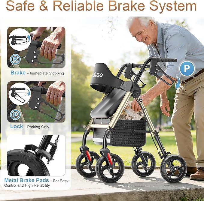 SOUNDFUSE Walkers for Seniors, Rollator Walker with Seat, 8" All Terrain Wheels, Double Support Bar, 16" Ergonomic Arc Seat and Comfortable Backrest, Dual Height Adjustable and Foldable Design