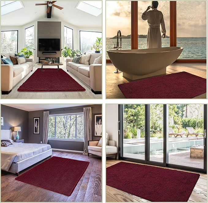Bathroom Rugs 36 x 60 Inch – Extra Large Bath Mat | Absorbent and Washable Thick Chenille Bath Rugs Non-Slip Runner Rug for Bathroom, Shower, Tub(Vivid Burgundy)