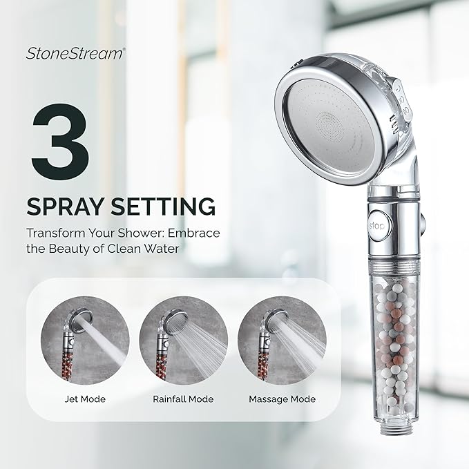 Original StoneStream EcoPower High Pressure Handheld Shower Head with ON OFF switch- 3 Spray Settings with Hose, Wall Adapter and Replacement Beads