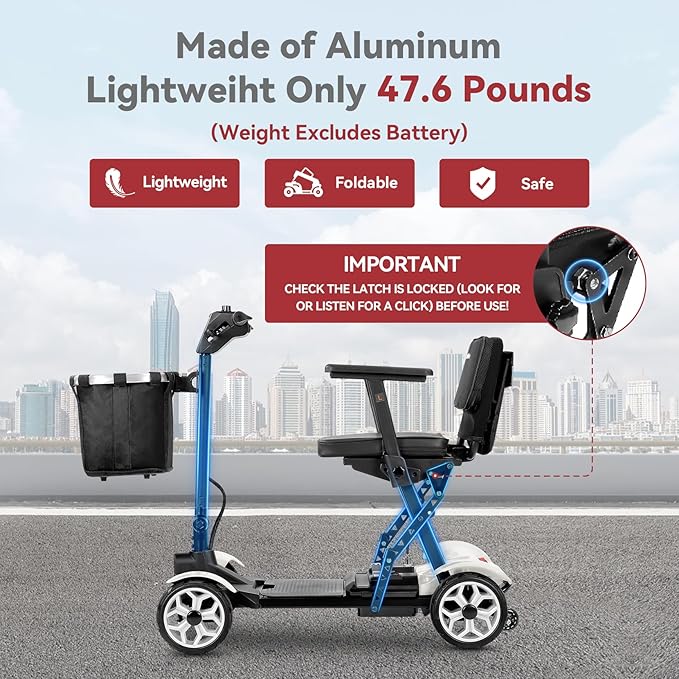 20 Miles Range Lightweight Mobility Scooter for Adults & Seniors - 47lbs Foldable 4 Wheel Travel Electric Scooter with Removable Battery, LED Lights - 300lb Capacity (White)