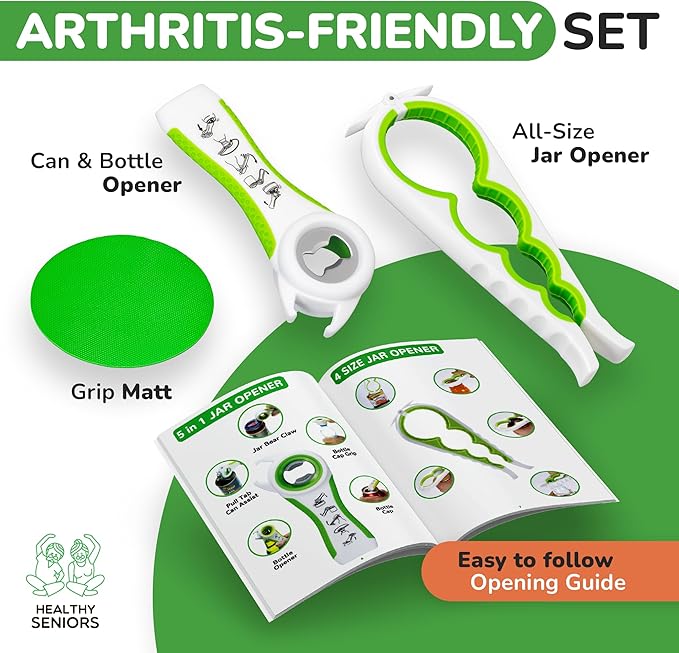 Healthy Seniors Jar Opener for Weak Hands and Seniors with Arthritis, 5 in 1 Multi Function Bottle Opener Lid Opener For Arthritic Hands with Non Slip Gripper For Opening Jars And Bottles (Green)