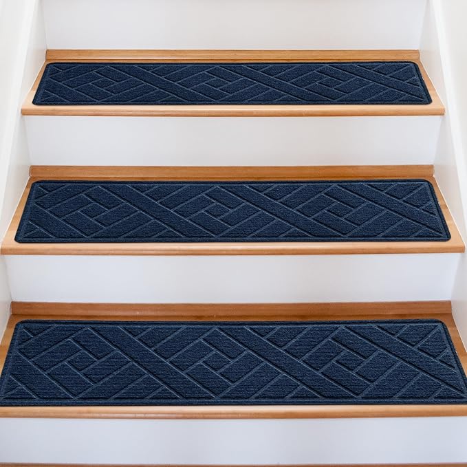 Non-Slip Carpet Stair Treads for Indoor Wooden Steps, Made of Polyester and Reusable Adhesive, Suitable for Kids Elders and Pets of 15 Pack 8 "X 30" （Navy Lines）