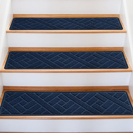 Non-Slip Carpet Stair Treads for Indoor Wooden Steps, Made of Polyester and Reusable Adhesive, Suitable for Kids Elders and Pets of 15 Pack 8 "X 30" （Navy Lines）