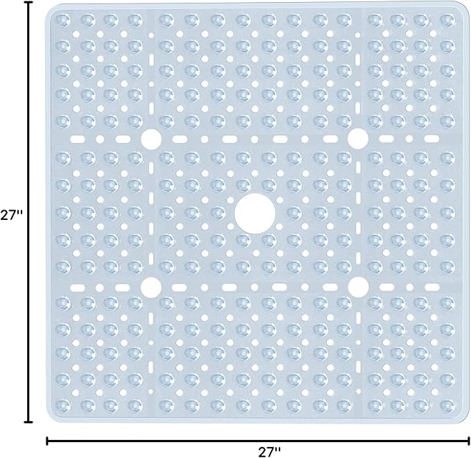 Large Square Shower Mat 27 x 27 Inch Clear, Non Slip Shower Bathtub Mats for Inside Shower With Big Suction Cups Drain Holes, Anti Slip Bathroom Floor Shower Stall Mats, Easy Clean, BPA-Free