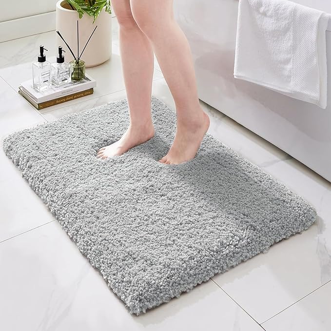 Bathroom Rugs Non Slip Washable, Ultra Thick Soft Microfiber Absorbent Bath Mats, High Density Foam Latex Non Slip Backing Bath Rugs, Fluffy Floor Carpet for Tub&Shower 24x17, Grey