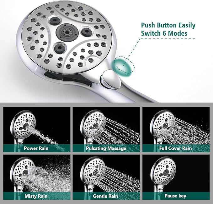 Handheld Shower Head with Slide Bar Combo, 6 Settings Handheld Shower with ON/OFF Pause Switch, Adjustable Height 27.5" Long Slide Bar, Round Wall Supply Elbow and 6.6ft Shower Hose, Chrome