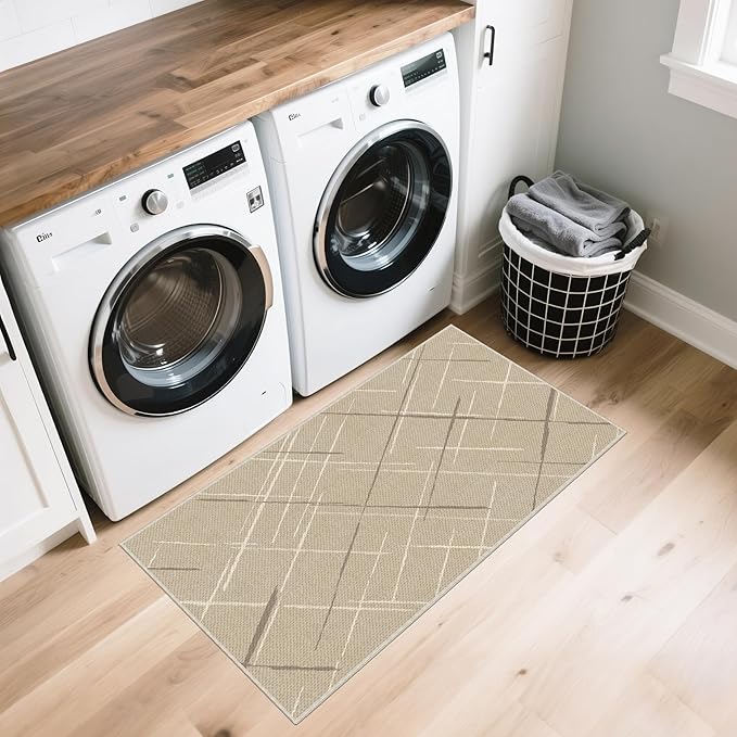 Beige Runner Rug Ultra Non-Slip 2x4 Washable Bedroom Rugs Modern Tear and Stain Resistance No Pile Hand-Woven Style Lightweight Runners for Hallways, Kitchen, Laundry Room, Bedside, Beige