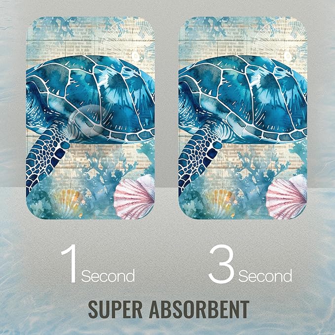 Quick Dry Bath Mat for Bathroom,Super Absorbent Turtle Bath Rug Non-Slip Rubber Backing,Machine Washable Bathroom Floor Mat for Shower, Tub, Sink Area Beach Seashell Ocean Blue (16"x24"+30"x20")