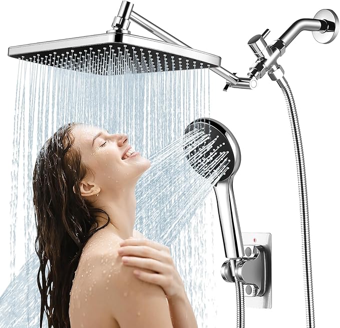 Rain Shower Head with Handheld, 11.8 Inch High Pressure Handheld Shower with Multi Spray Modes, Holder and Rainfall Combo 11'' Extension Arm, Chrome, Bathroom Decor