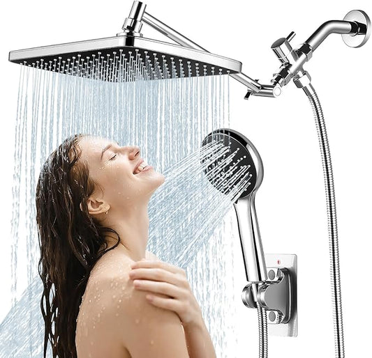 Rain Shower Head with Handheld, 11.8 Inch High Pressure Handheld Shower with Multi Spray Modes, Holder and Rainfall Combo 11'' Extension Arm, Chrome, Bathroom Decor