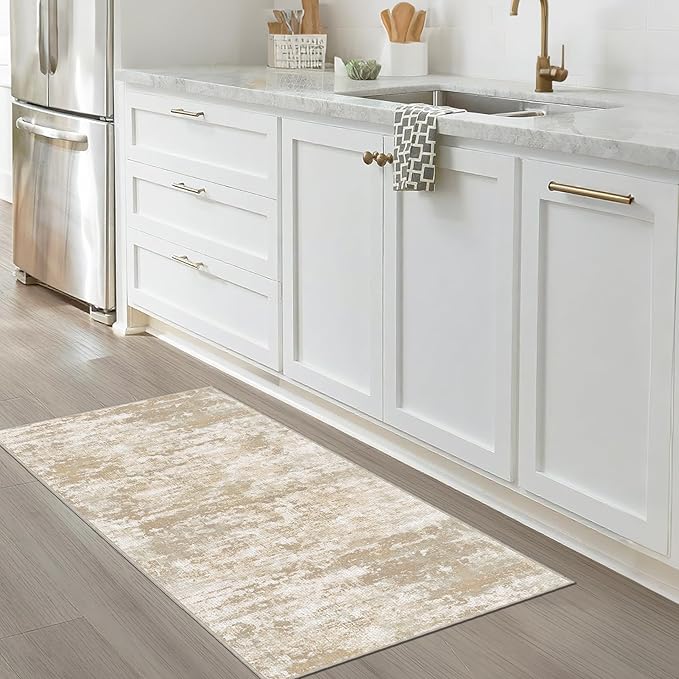 Runners for Hallways Ultra Non-Slip 2x4 Washable Kitchen Rug Abstract Tear and Stain Resistance No Pile Lightweight Runners for Entryway, Laundry Room, Bedside, Beige/Yellow