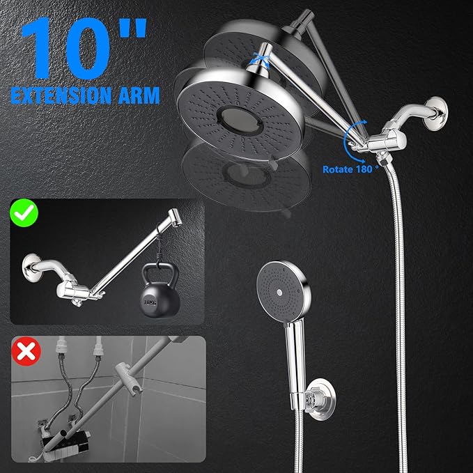 Rain Shower Head with Filter and Handheld, 8 Inch High Pressure and 3 Spray Modes Shower Head, Dual Showerhead Set with Extension Arm and 60 Inch Shower Hose, Shower Head Filter for Hard Water, Chrome
