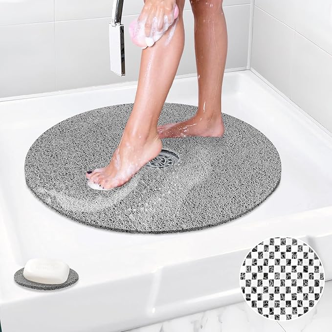 Shower Mat Non Slip: 31 Inch Diameter Extra Large Round Shower Mats with Drain Hole in Middle - Soft Loofah Great Drainage Shower Stall Matt for Inside Shower