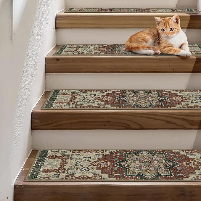 Non Slip Stair Treads for Wooden Steps 15PCS - 8"x30" Indoor Safety Carpet, Edging Mats with TPE Adhesive Backing, Pet and Elderly Friendly Stair Rugs (Annatto)